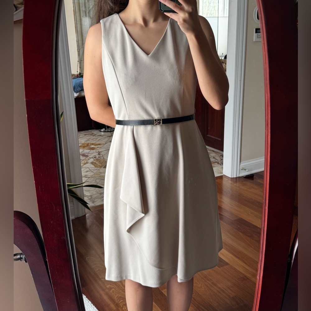 Calvin Klein Cream Asymmetrical Dress with Black Belt